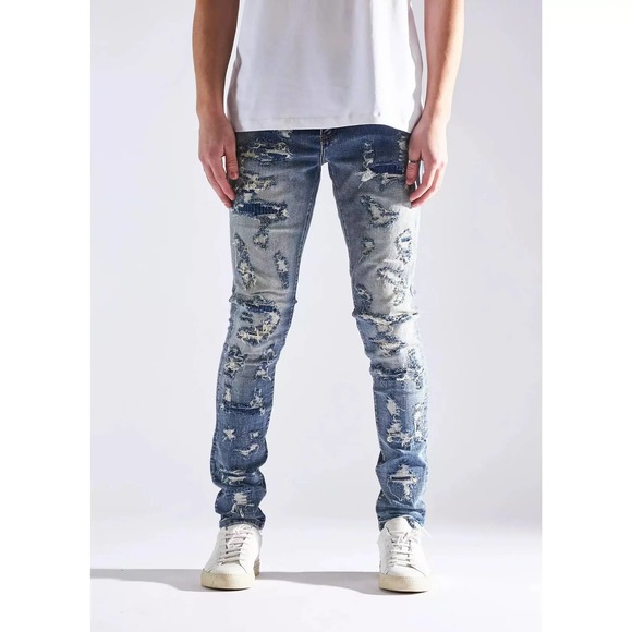 Embellish NYC Men's Thrash Destruct Rips Distressed Skinny Fit Denim Jeans